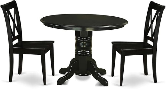 East West Furniture SHCL3-BLK-W 3 Piece Dining Table Set for Small Spaces Contains a Round Kitchen Table with Pedestal and 2 Dining Room Chairs, 42x42 Inch, Black