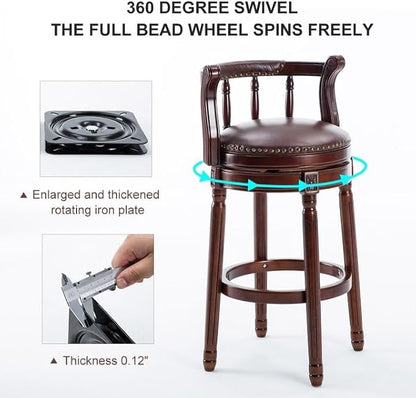 Cow top Leather Wooden Bar Stools, 360 Degree Swivel Bar Height Chair with Backs for Home Kitchen Counter, Morden Chair Barstools (Dark Blue 2pcs, Counter Height-Seat Height 26”)
