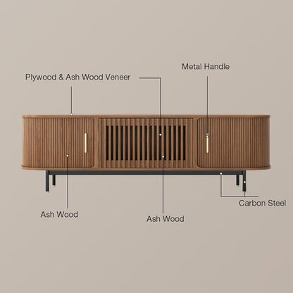 POVISON Sliding Tambour Door TV Stand with LED Lights, Mid Century Modern TV Console, Wood Media Console, Entertainment Center with Storage Cabinet, Fully-Assembled (Walnut, 78.74")