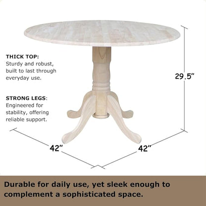 IC International Concepts, Round Dual Drop Leaf Pedestal Dining Table, Solid Real Wood, Sturdy Parawood, Dimensions 42"D x 42"W x 29.5"H, 40lbs Capacity, Paint/Stain Ready, Unfinished