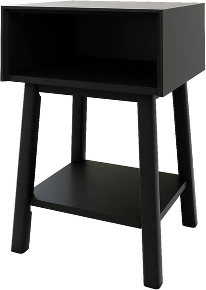 Plank+Beam Wooden Side Table with Cubby Storage Shelf, Mid Century Modern End Tables for Living Room, Small Solid Wood Nightstand, Bedside Tables, Bedroom Furniture, Black