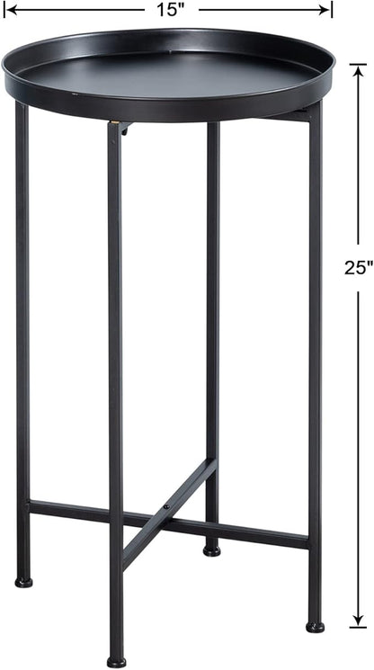 HollyHOME Small Round Metal Waterproof End Table, Accent Indoor&Outdoor Coffee Side Table, Snack Sofa Table for Living Room, Anti-Rust Decorative Plant Stand, (D) 14.5" x (H) 25", Black