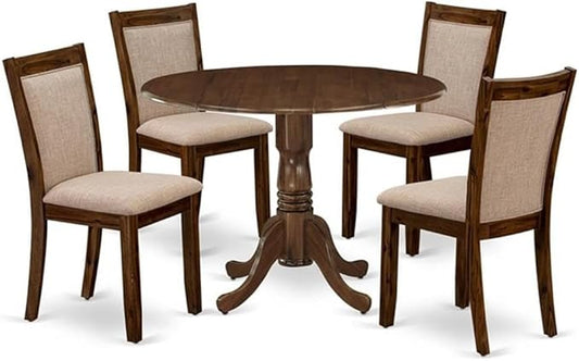 East West Furniture DLMZ5-AWN-04 5 Piece Kitchen Table Set for 4 Includes a Round Dining Room Table with Dropleaf and 4 Light Tan Linen Fabric Parsons Dining Chairs, 42x42 Inch, Natural Walnut