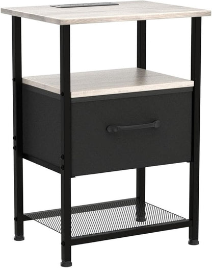 Nightstands Set of 2 with Charging Station and Drawer, End Table Bedside Table with 20 Colors LED Light Strip and 2 Layers Shelf for Bedroom Living Room Sofa (Grey)