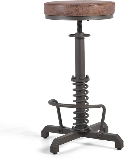 American Antique Steampunk Bar Stool 24.41"-28.35" Vintage Industrial Adjustable Swivel Backless Counter Stool for Home, Dining, Breakfast, Pub, (Heavy Duty Metal & Faux Leather, Brown & Maroon Top)