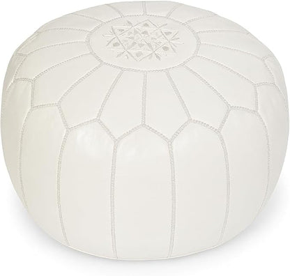 Stuffed Round Design Moroccan Leather Pouf Ottoman, Handmade, Pre-Filled, 100% Genuine Leather, 13” Height x 20” Diameter, Footstool & Living Room Décor (White)