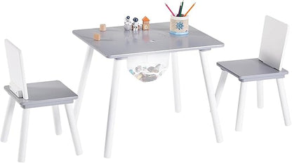 VECELO Activity Table and 2 Chair Set with Hidden Mesh Storage, Durable Playroom Furniture, Modern Design, Easy Assembly, Grey & White