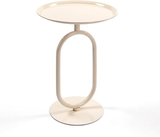 Lantern-Shaped Metal End Table, Small Round Side Accent Pedestal Modern Coffee Drink Cocktail Table for Living Room Corners Small Spaces(24'' Height,Cream White)
