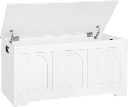 DINZI LVJ Storage Chest, 39.4”Wooden Storage Box with 2 Safety Hinges, Entryway Shoe Bench with Flip-Top, Trunk for Living Room, Bedroom, Easy Assembly, White