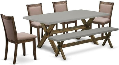 East West Furniture X797MZ748-6 6 Piece Dinette Set Contains a Rectangle Dining Table with X-Legs and 4 Coffee Linen Fabric Parson Chairs with a Bench, 40x72 Inch, Multi-Color