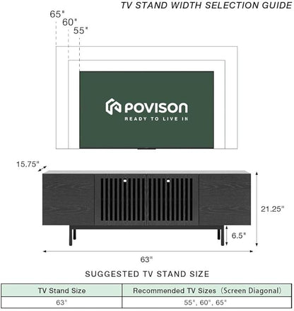POVISON Fully-Assembled Mid Century Modern Sintered Stone TV Stand, Slatted Media Console TV Cabinet with Tall-cast Metal Legs, Fluted Entertainment Center with Storage (Black, 62.99")