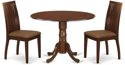 East West Furniture DLIP3-MAH-C 3 Piece Modern Dining Table Set Contains a Round Wooden Table with Dropleaf and 2 Linen Fabric Upholstered Dining Chairs, 42x42 Inch, Mahogany