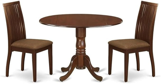 East West Furniture DLIP3-MAH-C 3 Piece Modern Dining Table Set Contains a Round Wooden Table with Dropleaf and 2 Linen Fabric Upholstered Dining Chairs, 42x42 Inch, Mahogany