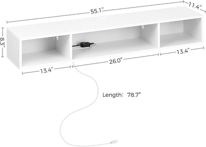 Rolanstar TV Stand with Power Outlet, Floating TV Stand with RGB Lights, 55.1" Wall Mounted TV Shelf, White Media Console with Storage Shelf, Entertainment Under TV for Living Room, Bedroom