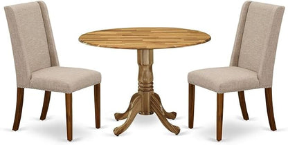 East West Furniture DLFL3-ANA-04 3 Piece Dining Table Set Contains a Round Dining Room Table with Dropleaf and 2 Light Tan Linen Fabric Upholstered Chairs, 42x42 Inch, Natural
