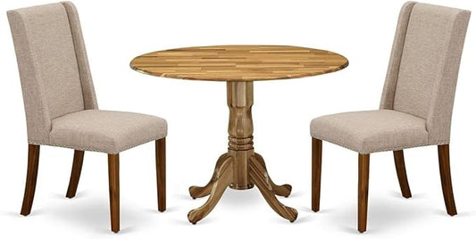 East West Furniture DLFL3-ANA-04 3 Piece Dining Table Set Contains a Round Dining Room Table with Dropleaf and 2 Light Tan Linen Fabric Upholstered Chairs, 42x42 Inch, Natural