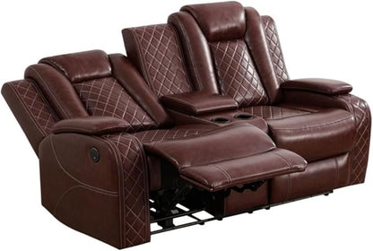 Electric Power Recliner Loveseat Set Living Room Furniture, Comfy Home Theater Breathing Leather Seating with USB 2.0 Charging Ports, LED Light Strips, Mid Console and Cupholders (Red)