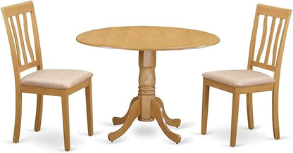 East West Furniture DLAN3-OAK-C 3 Piece Kitchen Table & Chairs Set Contains a Round Dining Room Table with Dropleaf and 2 Linen Fabric Upholstered Dining Chairs, 42x42 Inch, Oak