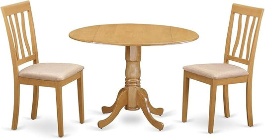 East West Furniture DLAN3-OAK-C 3 Piece Kitchen Table & Chairs Set Contains a Round Dining Room Table with Dropleaf and 2 Linen Fabric Upholstered Dining Chairs, 42x42 Inch, Oak