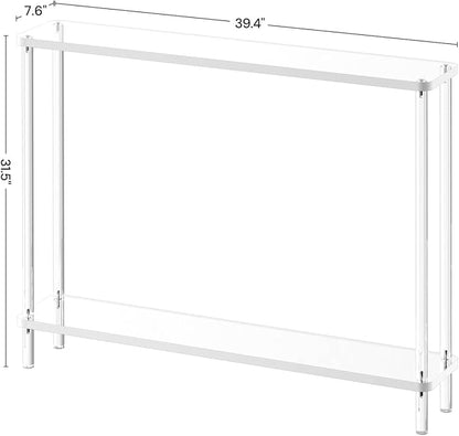 Acrylic Narrow Console Table for Entryway, 7.6" D x 39.4" W x 31.5" H, Cylindrical Legs, Skinny Entry Table for Sofa, Foyer, Hallway, Living Room, Modern, 2-Tier, Clear