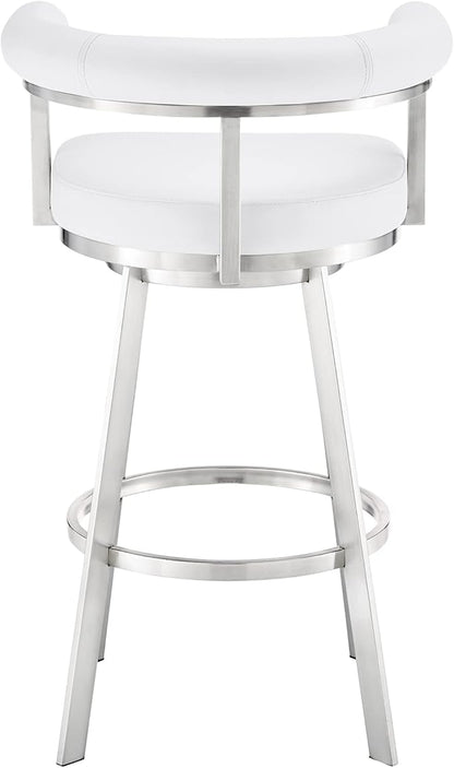 Armen Living Magnolia Swivel Bar Stool in Brushed Stainless Steel with White Faux Leather