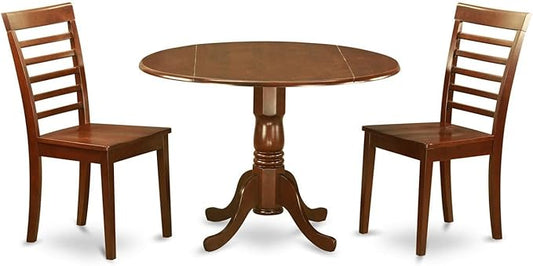 East West Furniture DLML3-MAH-W 3 Piece Modern Dining Table Set Contains a Round Wooden Table with Dropleaf and 2 Kitchen Dining Chairs, 42x42 Inch, Mahogany