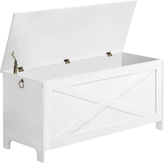 39.4" Toy Chest, Sturdy Entryway Storage Chest with Safety Hinges, Retro Toy Box, Wooden Look Accent Furniture for Living Room, Bedroom, White SCWT48101Z1