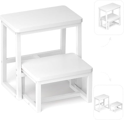 Step Stool for Adults & Kids,Holds up to 500Lb,3 in1 Heavy Duty Sturdy 2 tair Wooden StepStool for Kichen/Bathroom/High beds, Metal Frame, Non-Slip Pads