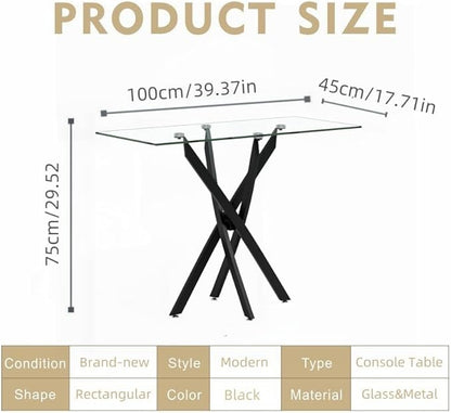Tempered Glass Console Table with Metal Legs, Modern Narrow Sofa Table for Hallway Entryway (Black, 39"x18"x30")