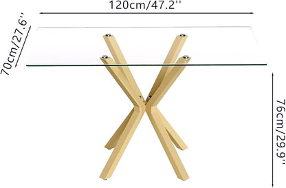 Tempered Glass Dining Table for 4, 48 Inch Rectangular Kitchen Table with Gold Metal Legs Modern Style Dinner Table for Dining Room Kitchen