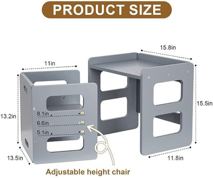 Montessori Weaning Table and Chair Set for Toddler and Baby, Kids Table and Chair Set- Solid Wood Toddler Furniture with Adjustable Height, Step Stool, for 1-3 Year Old Kids - Grey