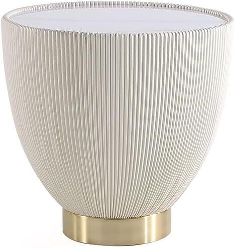 Manhattan Comfort Anderson Modern 18" Round End Table 2.0 | Ceramic Marble Tabletop, Elegant Pleated Leatherette Design & Gold Stainless Steel Base, Fully Assembled Accent Furniture, Set of 1, Cream