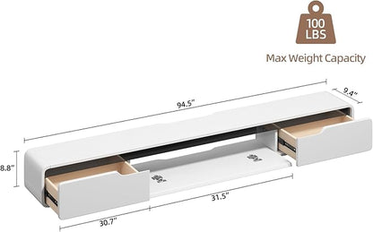 Fully-Assembled Floating TV Stand with Drawers, 94IN High Gloss Wall Mounted Entertainment Center, Modern Media Console with Storage, Under TV Shelf for Bedroom Living Room White