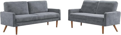 Kent 2 Piece Velvet Sofa and Loveseat Set, European Style with Modern & Vintage Flair, Upholstered 5 Seater Couch, Chic Living Room Furniture Seating for Home, Apartment or Office, Grey