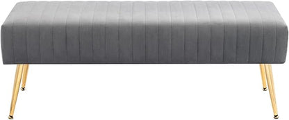 Furniliving 44 Inch Bedroom Benches, Upholstered Tufted Striped Fabric Ottoman Bench with X-Shaped Metal Legs for Living Room, Solid Wood Indoor Bench for Foyer (Grey)