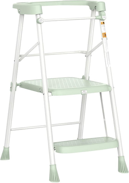 Kids Step Stool 2 Steps, Toddler Tower for Kitchen Counter Learning, Toddler Kitchen Stool Helper with Anti-Drop Safty Railing Kids Standing Folding Stepper, Green