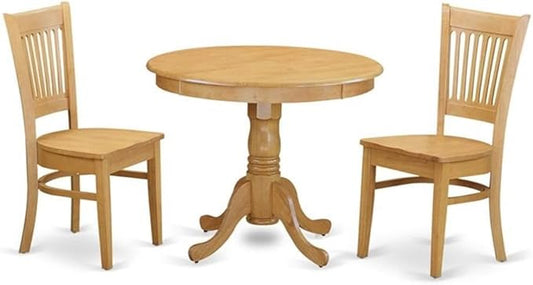East West Furniture ANVA3-OAK-W 3 Piece Dining Table Set for Small Spaces Contains a Round Kitchen Table with Pedestal and 2 Dining Room Chairs, 36x36 Inch, Oak