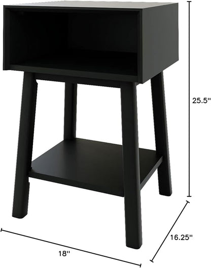Plank+Beam Wooden Side Table with Cubby Storage Shelf, Mid Century Modern End Tables for Living Room, Small Solid Wood Nightstand, Bedside Tables, Bedroom Furniture, Black