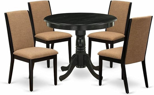 East West Furniture ANLA5-ABK-47 5 Piece Modern Dining Table Set Includes a Round Kitchen Table with Pedestal and 4 Light Sable Linen Fabric Upholstered Chairs, 36x36 Inch, Wirebrushed Black