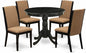 East West Furniture ANLA5-ABK-47 5 Piece Modern Dining Table Set Includes a Round Kitchen Table with Pedestal and 4 Light Sable Linen Fabric Upholstered Chairs, 36x36 Inch, Wirebrushed Black
