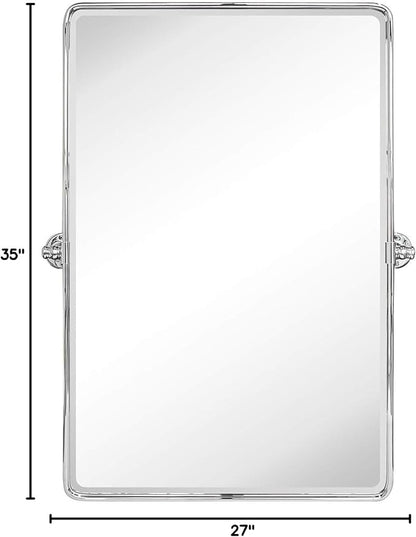 TEHOME 27 x 35'' Farmhouse Chrome Metal Framed Pivot Rectangle Bathroom Mirror Tilting Beveled Vanity Mirrors for Wall
