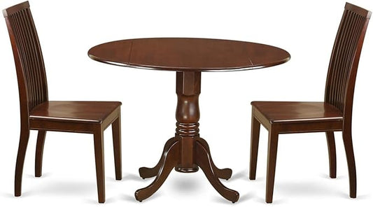 East West Furniture DLIP3-MAH-W 3 Piece Dining Room Furniture Set Contains a Round Kitchen Table with Dropleaf and 2 Dining Chairs, 42x42 Inch, Mahogany