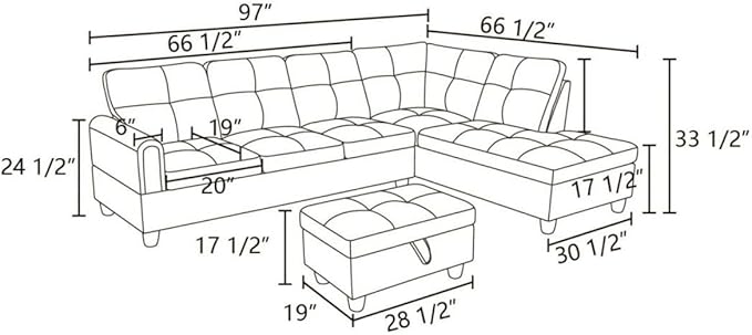 Ginger L-Shaped 3-Piece Faux Leather Sofa with Storage Ottoman Set, Sectional Couch Sofa Set for Living Room, Office, Small Space