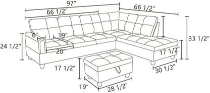 Dark Brown L-Shaped 3-Piece Flannel Sofa with Storage Ottoman Set, Sectional Couch Sofa Set for Living Room, Office, Small Space
