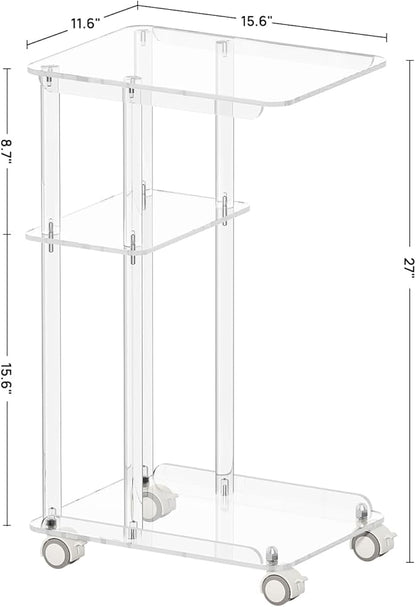HMYHUM Acrylic C Shaped Table with Wheels, Clear Rolling Side/End Table for Couch, Living Room, Bedroom, Slide Under Sofa Table for Small Spaces, 15.6" L x 11.6" W x 27" H