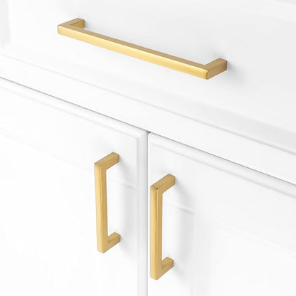 KOOFIZO Solid Square Bar Cabinet Handle - Brushed Gold Furniture Pull, 5 Inch/128mm Screwhole Distance, 10-Pack for Kitchen Cupboard Door, Bedroom Dresser Drawer, Bathroom Wardrobe Hardware