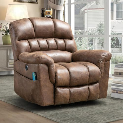 Phoenix Home Large Power Lift Recliner with Massage and Heat for Elderly, Heavy Duty & Safety Motor Reclining Chair, Faux Leather Electric Wider Recliner with USB Ports, 2 Side Pockets, Brown