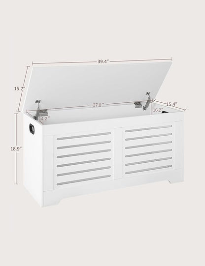 DINZI LVJ Storage Chest, 39.4”Wooden Toy Box with 2 Safety Hinges, Retro Entryway Shoe Storage Bench with Flip-Top, Sturdy Large Storage Trunk for Living Room, Bedroom, Easy Assembly, White
