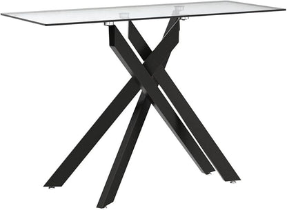 Modern Style Console Table Narrow Sofa Table with Grey Tempered Glass Top and Black Metal Tubular Legs with Gold Rim, 45”Lx18”Wx30”H