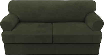 H.VERSAILTEX Sofa Cover 3 Piece T Cushion Loveseat Slipcovers Thick Velvet Couch Cover Stretch T Cushion Sofa Covers for 2 Cushion Couch with 2 Individual T Cushion Covers, Olive